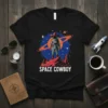 Space Cowboy t-shirt design featuring an astronaut wearing a cowboy hat against a cosmic background with planets and stars