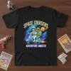 Space Cruisers Adventure Awaits! text with astronaut and alien riding a scooter design on a black t-shirt