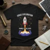Space Exploration Journey To The Stars t-shirt with a rocket launching into the cosmos and constellations