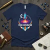 Space Exploration t-shirt design with a rocket launching into a colorful galaxy and moon