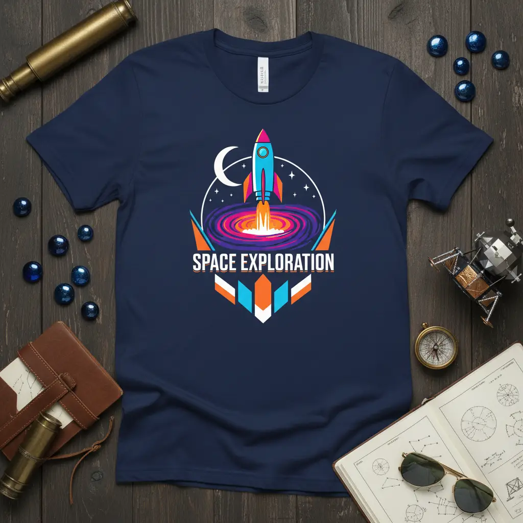 Space Exploration t-shirt design featuring a rocket launch into a vibrant galaxy, moon, and stars