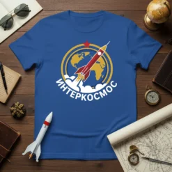 Blue t-shirt with "ИнТЕРКОСМОС" text, a red rocket, and a yellow globe graphic, evoking space exploration theme