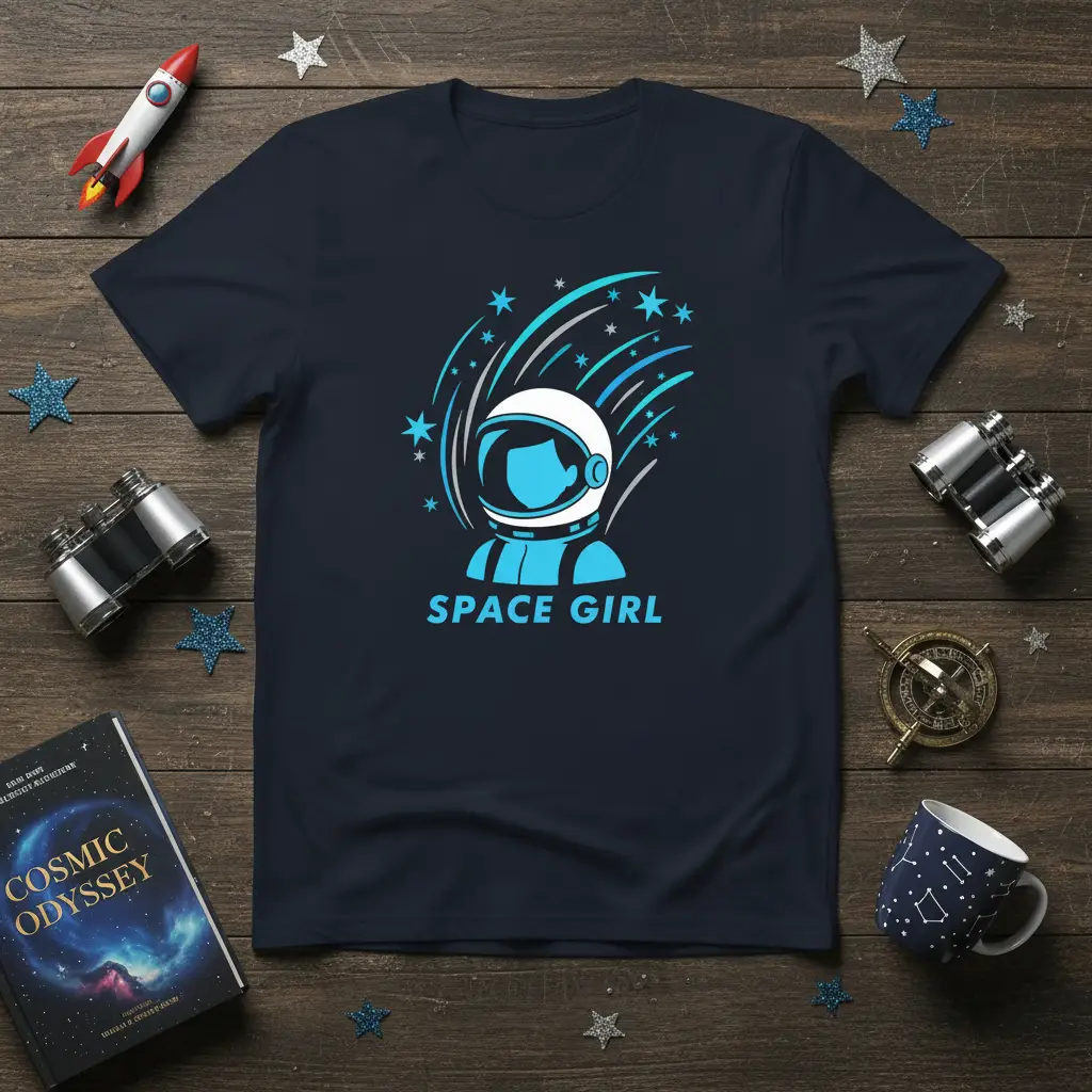 Space Girl astronaut graphic with stars and cosmic trails on a t-shirt design