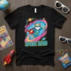 Space Hero Cat T-Shirt featuring a cartoon cat in a superhero costume flying through space with planets and stars