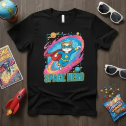 Space Hero Cat T-Shirt featuring a cartoon cat in a superhero costume flying through space with planets and stars