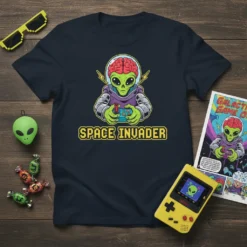 Space Invader text in pixelated yellow font on a navy t-shirt with a green alien character playing a video game