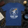 Astronaut playing trombone in space with stars and music notes, text Space Jam Moon Music Maestro