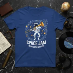 Astronaut playing trombone in space with stars and music notes, text Space Jam Moon Music Maestro