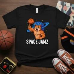 Space Jamz text with muscular cat dunking basketball on planet graphic, black t-shirt design