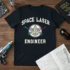 Space Laser Engineer t-shirt with rocket graphic and bold text, dark navy color