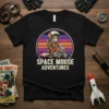 Space Mouse Adventures text with astronaut mouse riding a motorcycle graphic, retro sunset background, on a black t-shirt