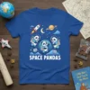 Space Pandas text with three cute pandas in astronaut suits floating in space with a rocket and planet