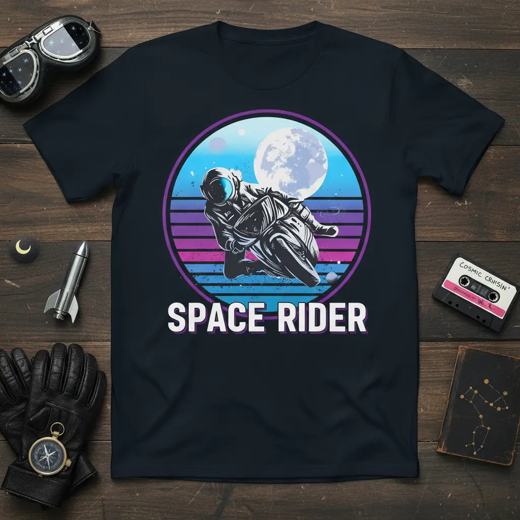 Space Rider astronaut motorcycle graphic t-shirt with retro sunset and moon backdrop