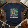 Space Rider t-shirt design with an astronaut riding a rocket ship through space with planets and dinosaurs