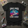 Astronaut riding a rocket with "SPACE RIDER COSMIC JOURNEY" text on a black t-shirt