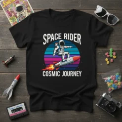 Astronaut riding a rocket with "SPACE RIDER COSMIC JOURNEY" text on a black t-shirt