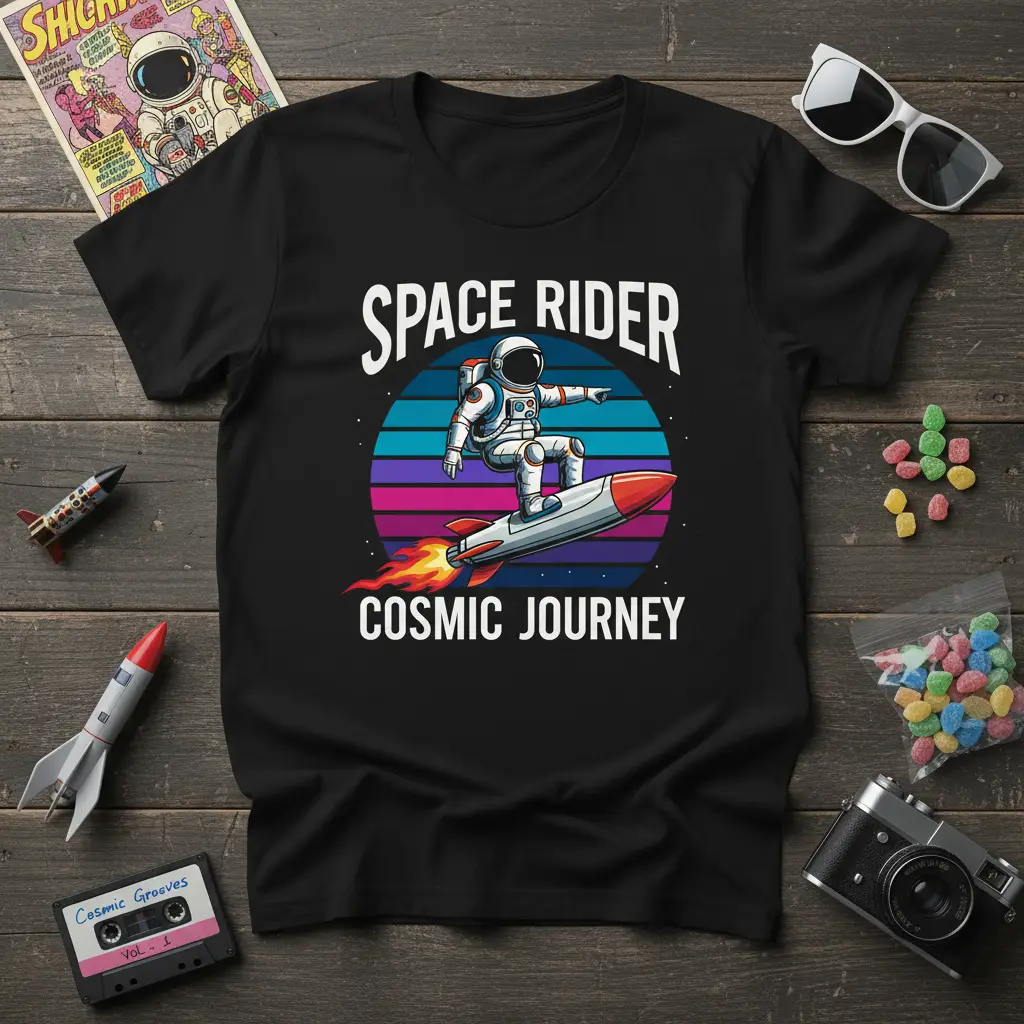 SPACE RIDER COSMIC JOURNEY astronaut design on a black t-shirt, showcasing a rocket and cosmic background