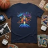 Space Rocket Basketball Graphic Tee featuring a colorful galaxy background and a rocket launching past a basketball-themed planet