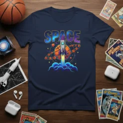 Space Rocket Basketball Graphic Tee featuring a colorful galaxy background and a rocket launching past a basketball-themed planet