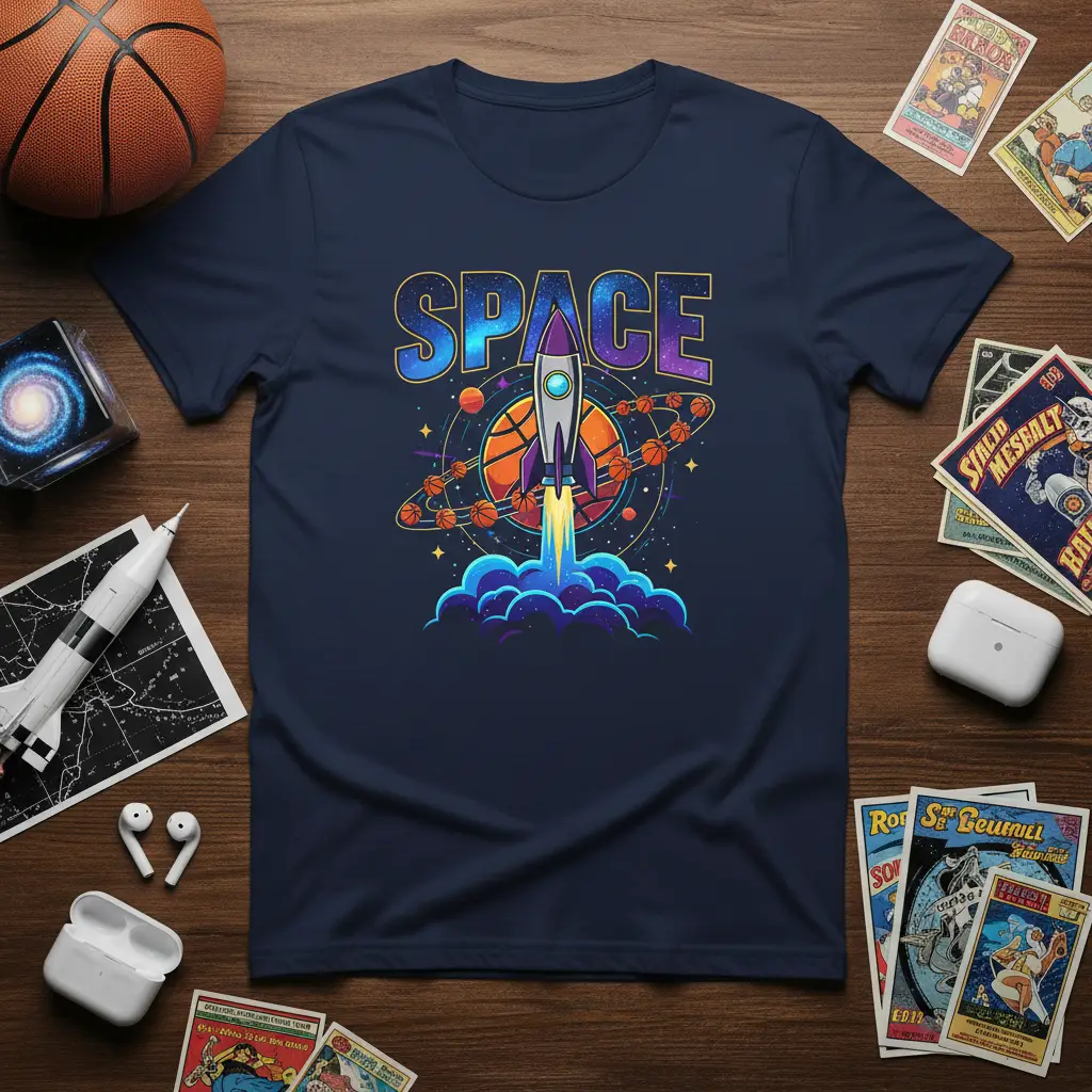 Space Rocket Basketball Graphic Tee Cosmic Galaxy Design