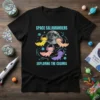 Black t-shirt featuring "SPACE SALAMANDERS EXPLORING THE COSMOS" text with four colorful axolotls in space helmets near the moon