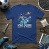 Space Soccer Gravity? No Problem! t-shirt featuring an astronaut playing soccer in outer space with planets and stars