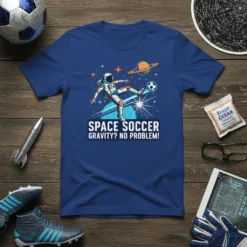 Space Soccer Gravity? No Problem! t-shirt featuring an astronaut playing soccer in outer space with planets and stars