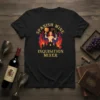 Spanish Wine Inquisition Mixer t-shirt design with a woman holding a goblet and whip, surrounded by flames and a city