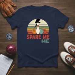 Retro "Spare Me Me" bowling t-shirt design with vintage sunset, bowling pin, and balls graphic