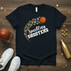 Sparkling SHOOTERS text with basketball and glitter design on a black t-shirt