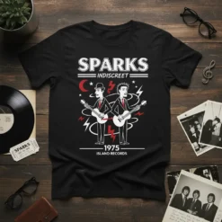 Sparks Indiscreet 1975 Island Records album art band t-shirt design featuring stylized twin figures playing guitars