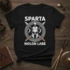 Sparta Molon Labe T-Shirt with Spartan helmet, crossed spears, and Greek key border. Features bold white text