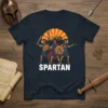 Spartan Warrior T-Shirt featuring three ancient Greek soldiers with shields and spears, the word SPARTAN below, set against a sunburst