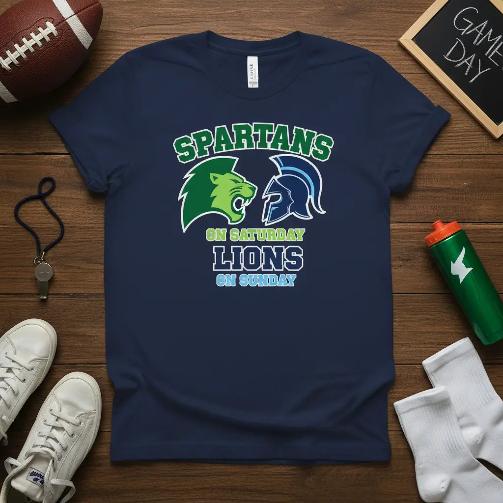 Spartans On Saturday Lions On Sunday text graphic with lion and helmet icons, perfect for sports fans