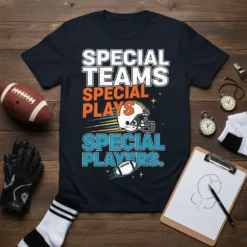 Special Teams Special Plays Special Players text design with football helmet and football graphic on a navy t-shirt