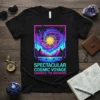 Spectacular Cosmic Voyage Embrace the Unknown quote on a black t-shirt with a vibrant galaxy and mountain landscape design