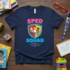 Sped Squad t-shirt design featuring colorful shield graphic with diverse children and teacher, text "SPED SQUAD" above and below