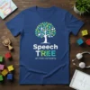 Speech TREE an tree company logo on a blue t-shirt, featuring a stylized tree and text