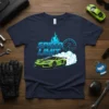 Speed Limit t-shirt featuring a green sports car drifting with blue flames and a speedometer graphic