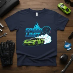 Speed Limit t-shirt featuring a green sports car drifting with blue flames and a speedometer graphic