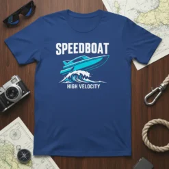 Speedboat High Velocity text and graphic of a speedboat cutting through waves, on a blue t-shirt