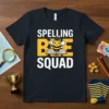 Spelling Bee Squad t-shirt design featuring white text and a cute bee character on an open book