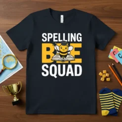 Spelling Bee Squad t-shirt design featuring white text and a cute bee character on an open book