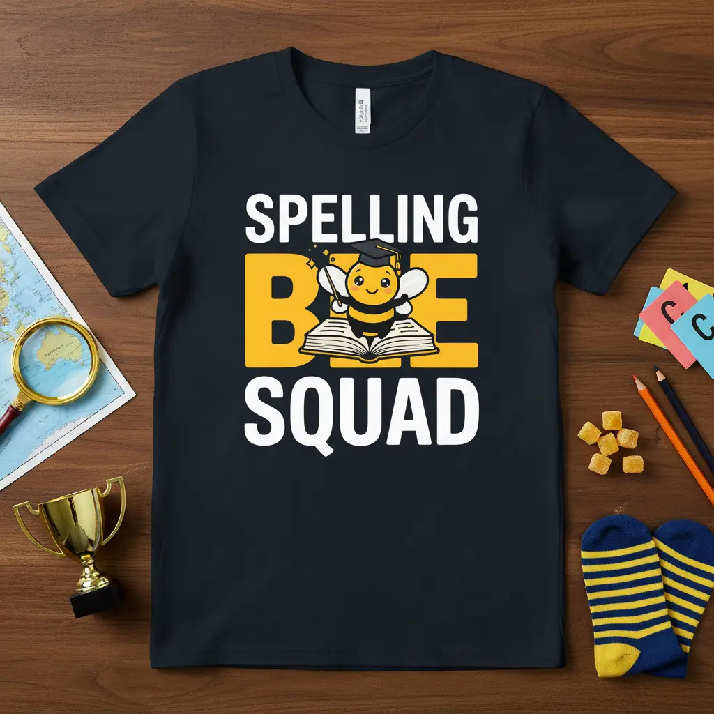 Spelling Bee Squad text design with a cute bee character on an open book, ideal for academic competitions