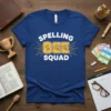 Spelling Bee Squad t-shirt with white text and yellow honeycomb letters spelling "BEE" on a blue shirt