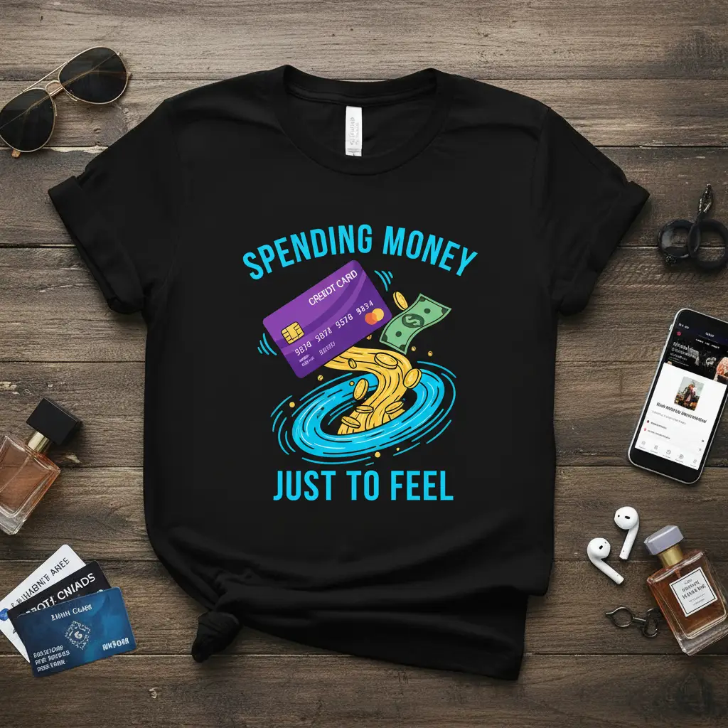 Spending Money Just To Feel quote t-shirt design with credit card and money vortex graphic