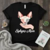 Sphynx Mom t-shirt design featuring a hand holding a Sphynx cat's head with flowers