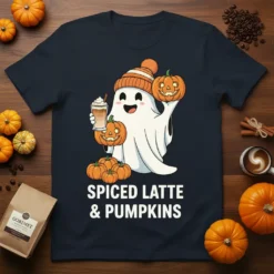 Spiced Latte & Pumpkins T-Shirt with a cute ghost holding pumpkins and a latte, perfect for fall season