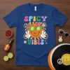Spicy Vibes retro smiley face t-shirt design with colorful typography and groovy sun graphics