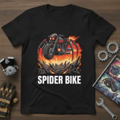 Spider Bike T-Shirt featuring a graphic of a motorcycle with spider legs in flames